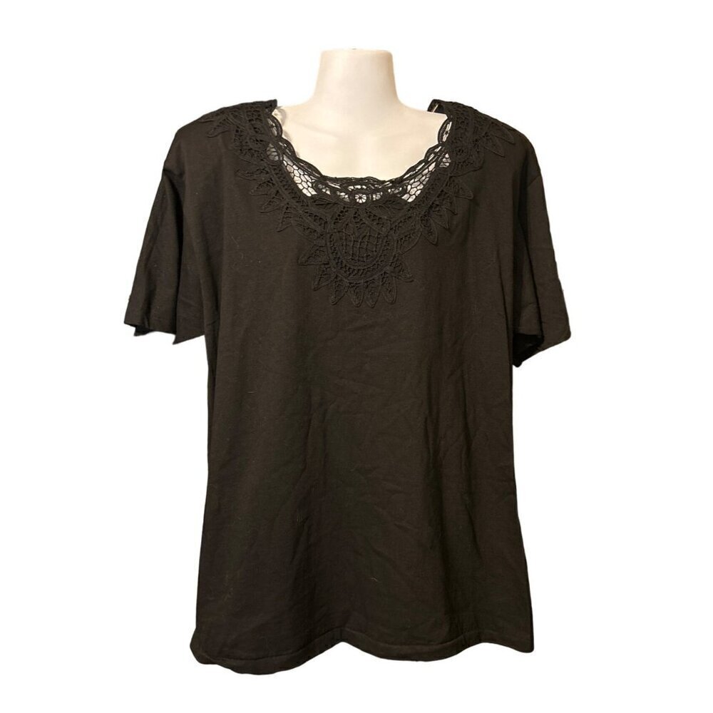 Womens Handmade Cache Junction Black Cotton Shirt Lace Neckline XL Short Slv NWT